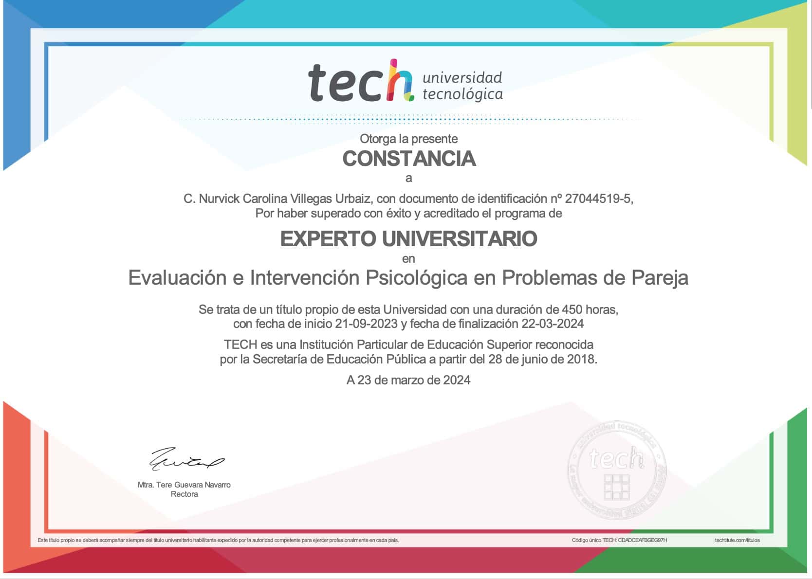 Constancia como experta universitaria en evaluación e intervención psicológica en problemas de pareja.